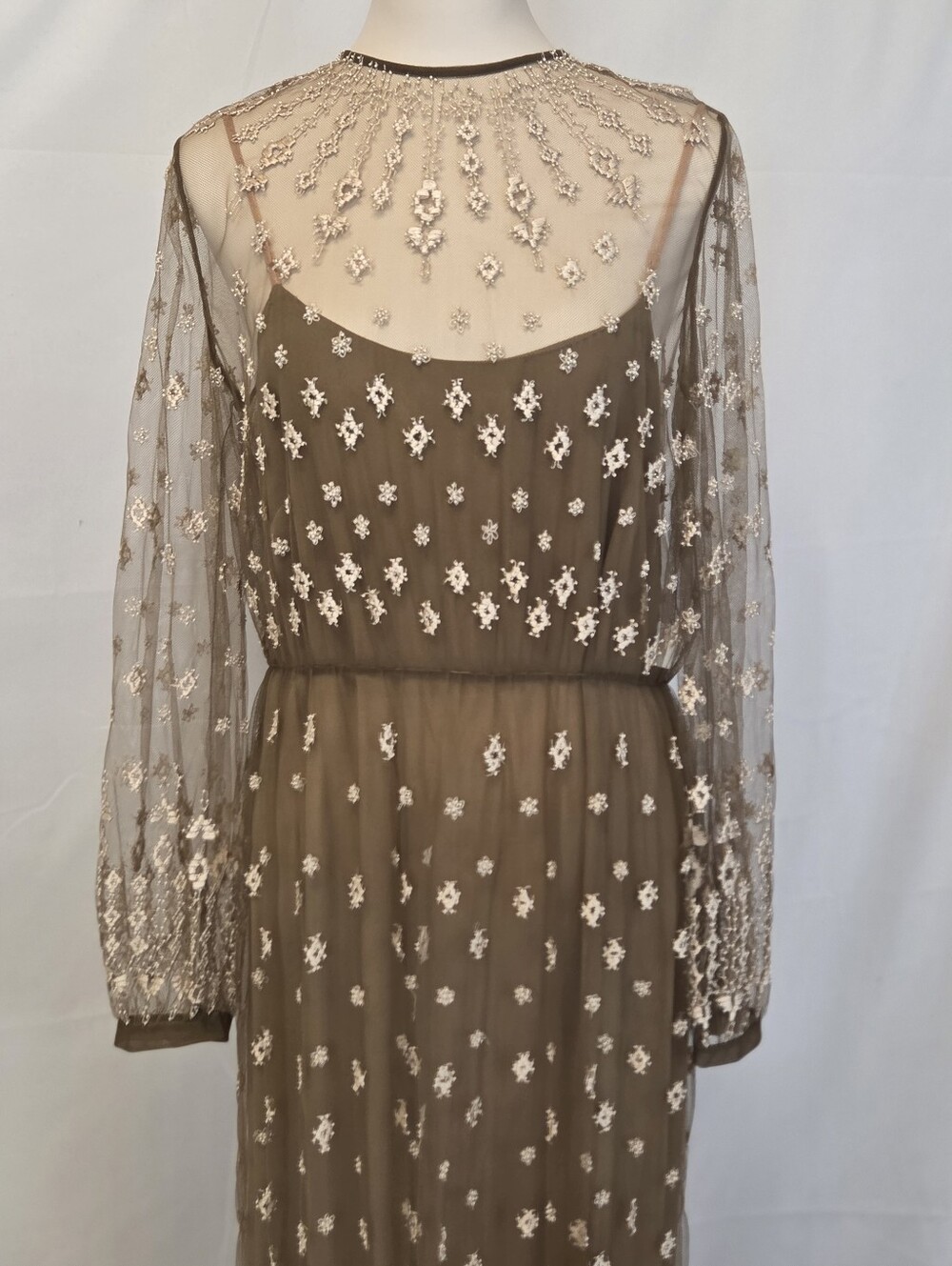 BIYAN Elegant Taupe Lace Maxi Dress, NWT, Embroidery And Pearl Beading, Size M,L - Picture 15 of 15